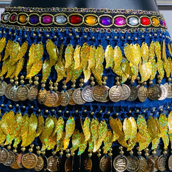 Blue with Gold leaves coins Wrap Skirt Bellydance - Picture 2 of 4